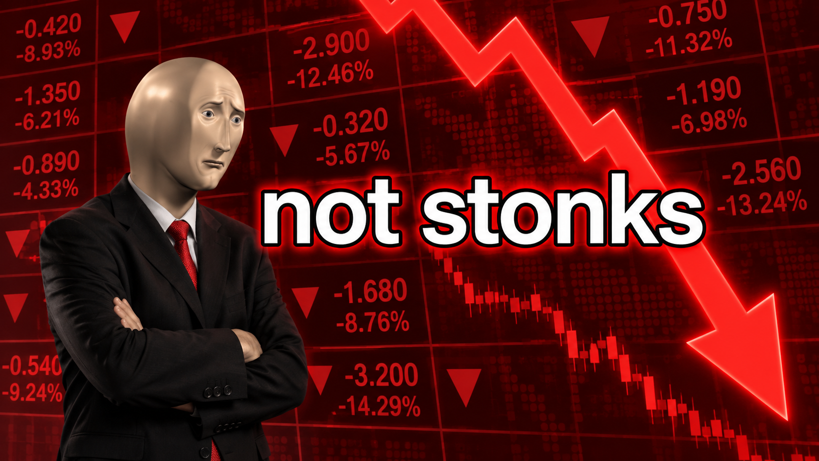 The worried Not Stonks character in a black suit and red tie, surrounded by falling stock prices and a giant red downward arrow.
